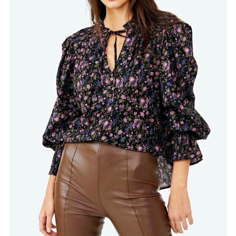 Free People Floral Button Front Lightweight Cotton V-Neck Blouse Size S